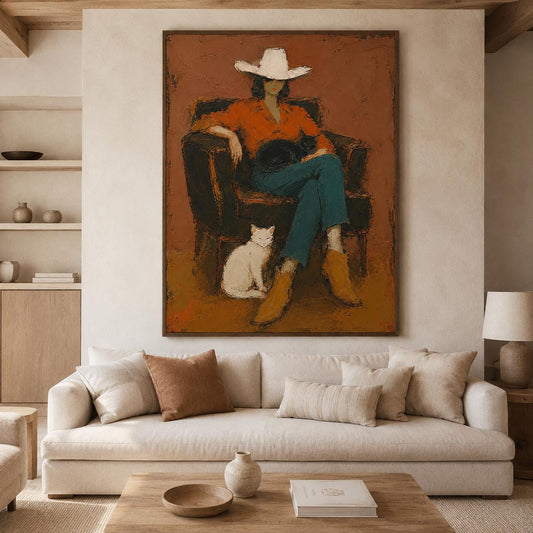 Cowgirl Cat Wall Art Western Figurative Canvas Painting for Living Room Rustic Decor