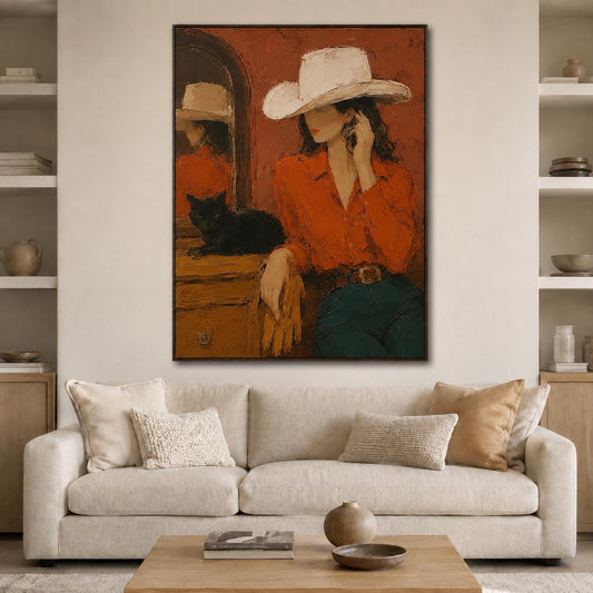 May include: An oil painting on canvas depicting a person wearing a white cowboy hat and a bright orange long-sleeve shirt, sitting at a wooden vanity with a black cat. A mirror reflects the scene, set against a deep terracotta-colored wall.