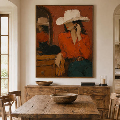 May include: A rectangular wall art print featuring an oil painting of a person wearing a white cowboy hat and a bright orange long-sleeve shirt. The person has dark hair, wears blue jeans, and stands near a wooden dresser with a black cat.
