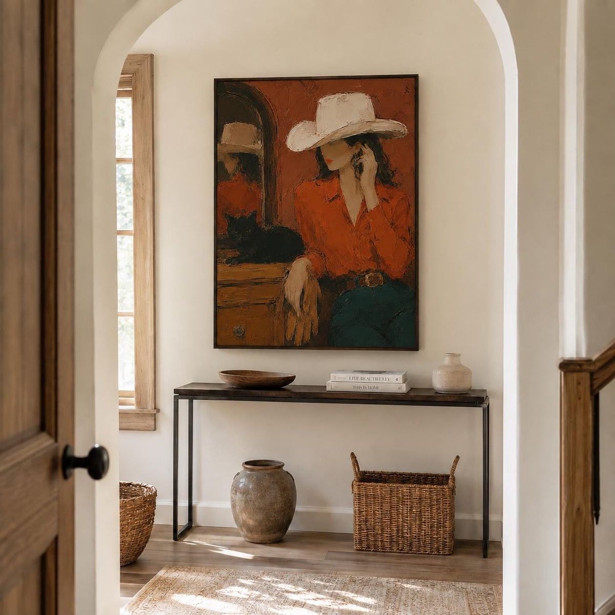 May include: A rectangular oil painting featuring a person wearing a white cowboy hat and an orange shirt, sitting near a mirror with a black cat. The artwork uses warm tones and visible brushstrokes, displayed in a dark frame on a light wall.