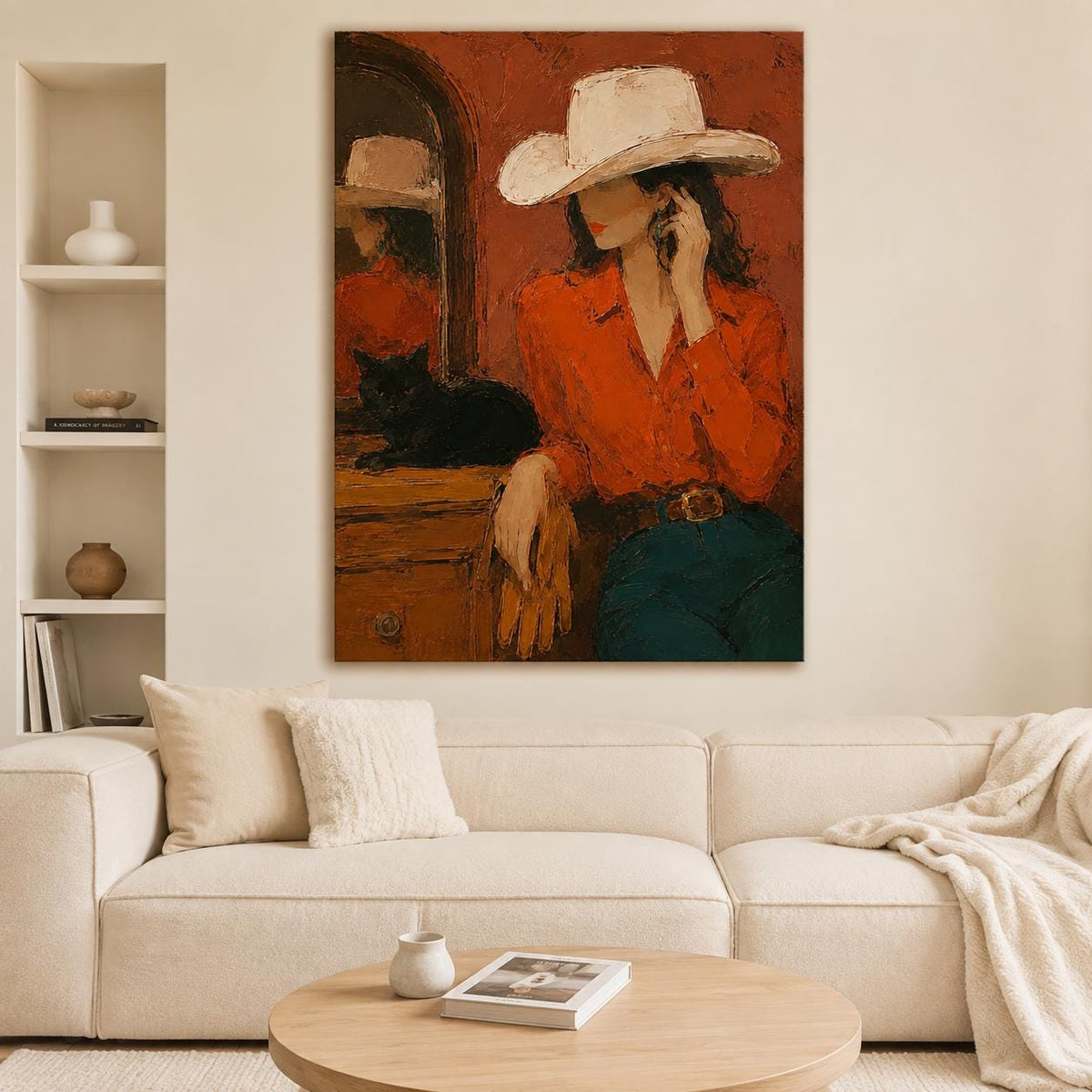 May include: An oil painting depicting a person wearing a white cowboy hat, a bright orange button-down shirt, and dark blue jeans. A black cat sits on a wooden surface next to a mirror. The background is a textured, deep reddish-brown color.