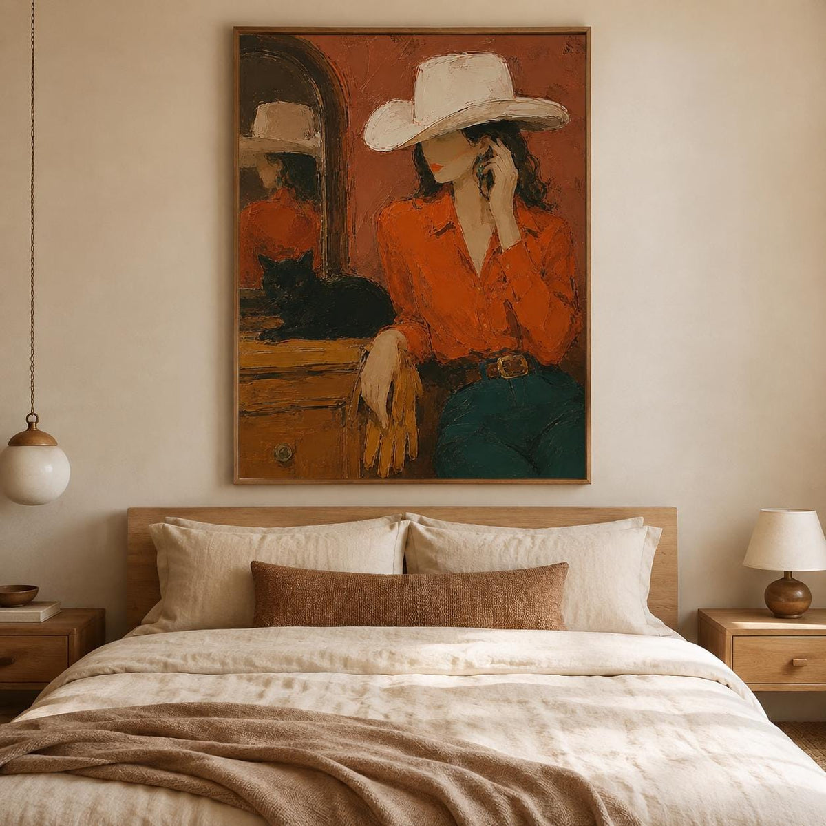 May include: An oil painting on canvas depicting a person wearing a white cowboy hat and an orange button-down shirt with dark blue jeans. A black cat sits on a wooden dresser next to a mirror, with the person's reflection visible in the glass.