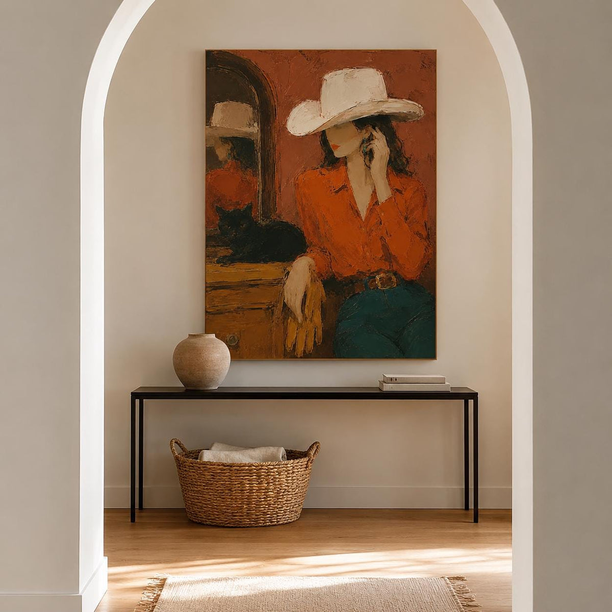 May include: A rectangular wall art print featuring an oil painting of a person wearing a white cowboy hat, an orange long-sleeve shirt, and dark blue jeans. The person stands near a wooden dresser with a black cat and a mirror in the background.