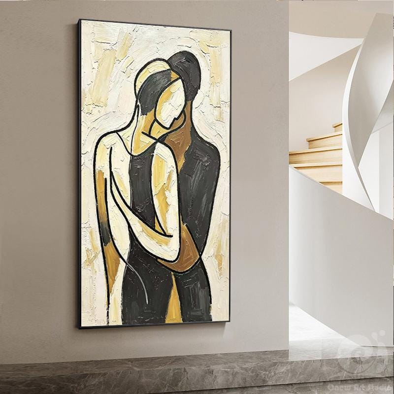Impasto Abstract Couple Hug Painting, Neutral Tones Minimalist Line Lovers Canvas Wall Art, Textured Romantic Wall Decor For Home