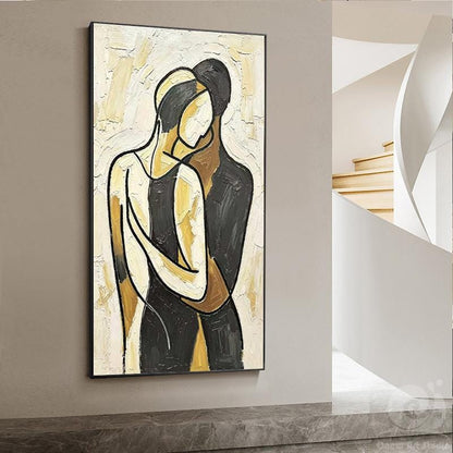 Impasto Abstract Couple Hug Painting, Neutral Tones Minimalist Line Lovers Canvas Wall Art, Textured Romantic Wall Decor For Home