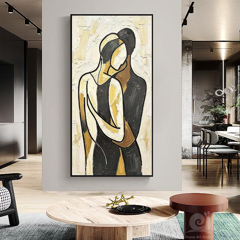 Impasto Abstract Couple Hug Painting, Neutral Tones Minimalist Line Lovers Canvas Wall Art, Textured Romantic Wall Decor For Home