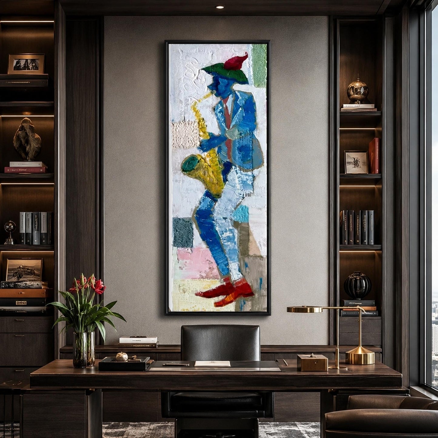 Abstract Saxophone Player Original Oil Painting, Textured Jazz Wall Art – Blue and Gold Abstract Wall Art | Impasto Oil Paint