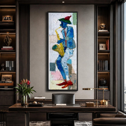 Abstract Saxophone Player Original Oil Painting, Textured Jazz Wall Art – Blue and Gold Abstract Wall Art | Impasto Oil Paint