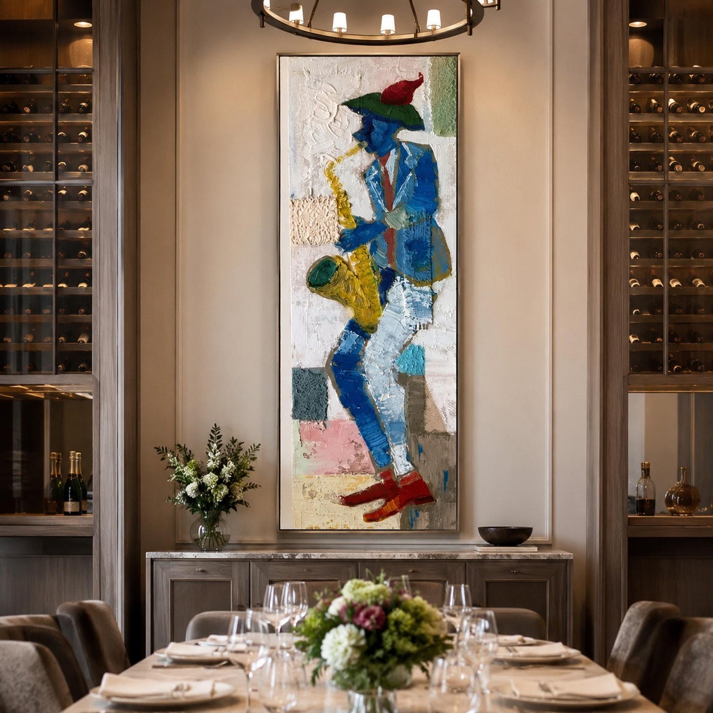 Abstract Saxophone Player Original Oil Painting, Textured Jazz Wall Art – Blue and Gold Abstract Wall Art | Impasto Oil Paint