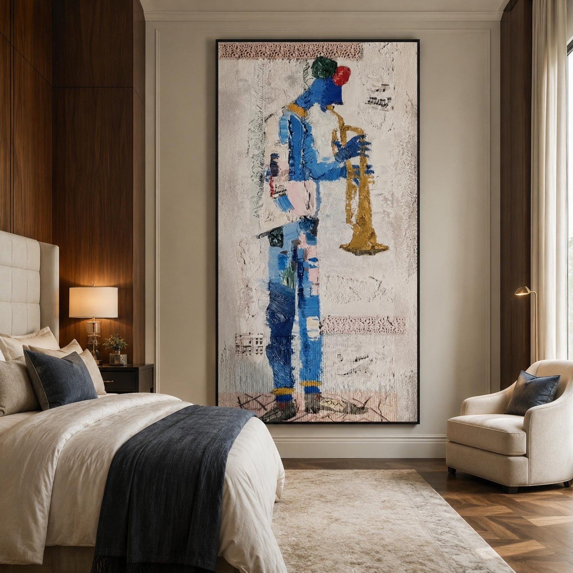 Abstract Trumpeter Original Oil Painting, Textured Blue Jazz Wall Art – Blue and Gold Abstract Wall Art | Impasto Oil Paintin