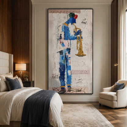 Abstract Trumpeter Original Oil Painting, Textured Blue Jazz Wall Art – Blue and Gold Abstract Wall Art | Impasto Oil Paintin
