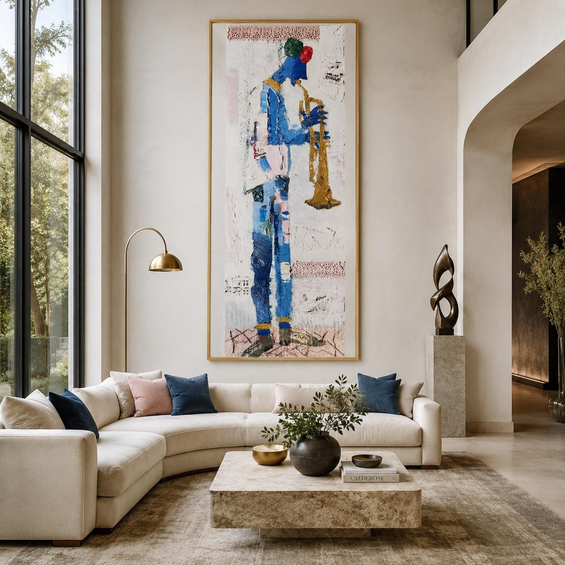 Abstract Trumpeter Original Oil Painting, Textured Blue Jazz Wall Art – Blue and Gold Abstract Wall Art | Impasto Oil Paintin
