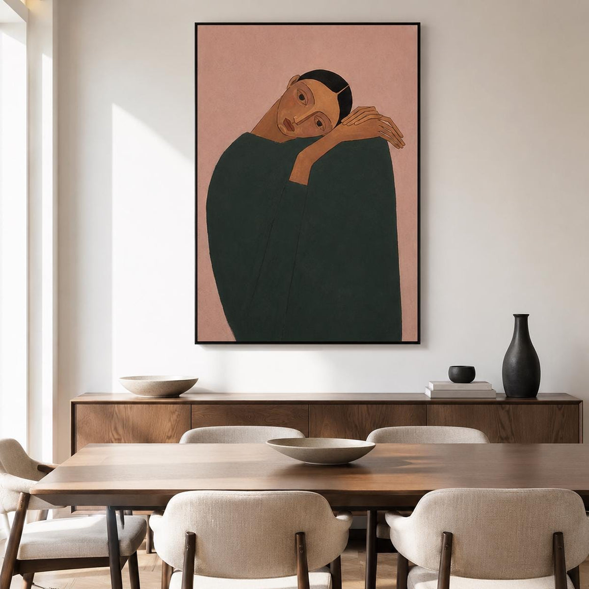 Resting Woman Wall Art Pink Figurative Portrait Canvas Painting for Modern Living Room Decor