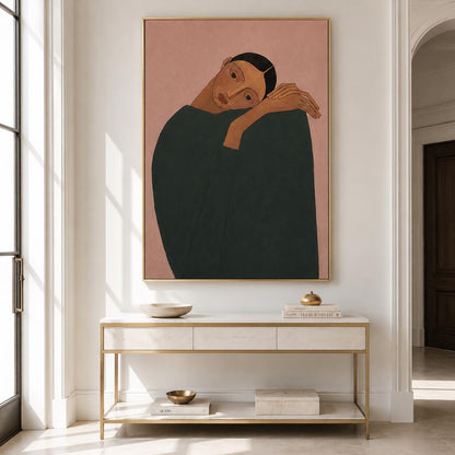 Resting Woman Wall Art Pink Figurative Portrait Canvas Painting for Modern Living Room Decor