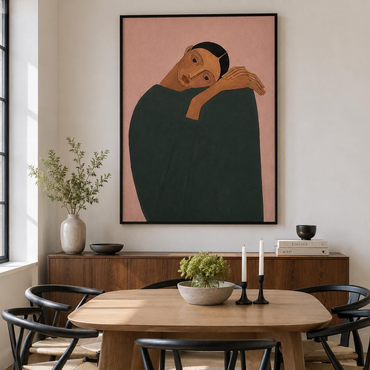 Resting Woman Wall Art Pink Figurative Portrait Canvas Painting for Modern Living Room Decor
