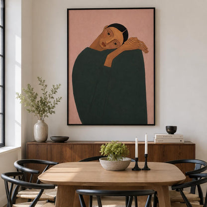 Resting Woman Wall Art Pink Figurative Portrait Canvas Painting for Modern Living Room Decor