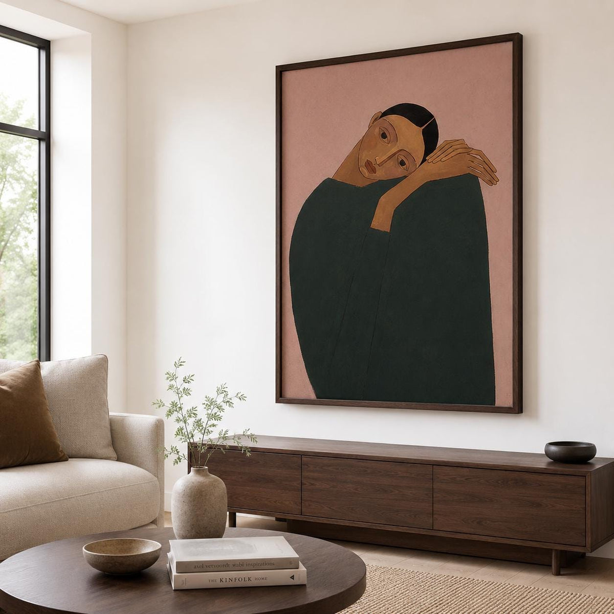 Resting Woman Wall Art Pink Figurative Portrait Canvas Painting for Modern Living Room Decor