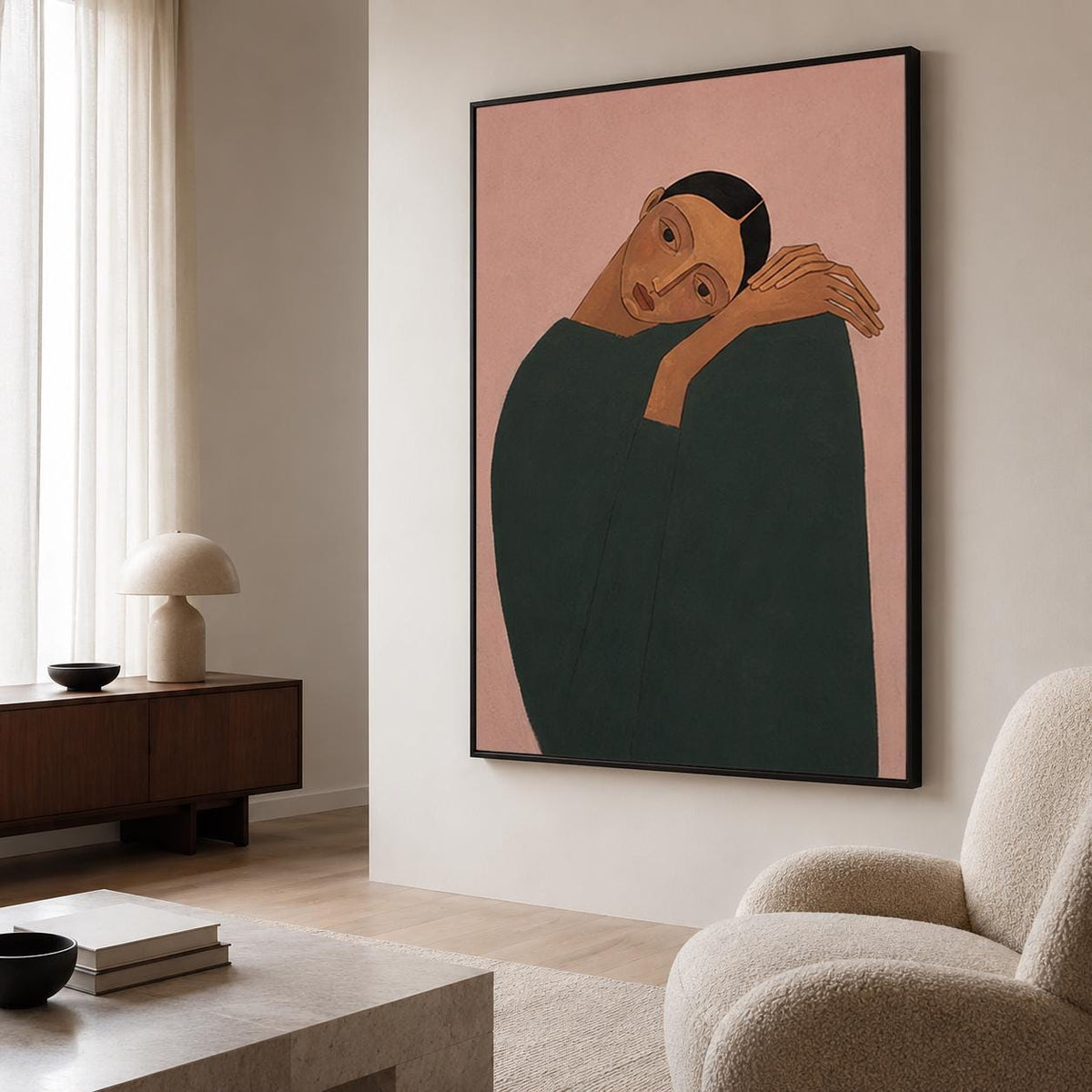Resting Woman Wall Art Pink Figurative Portrait Canvas Painting for Modern Living Room Decor