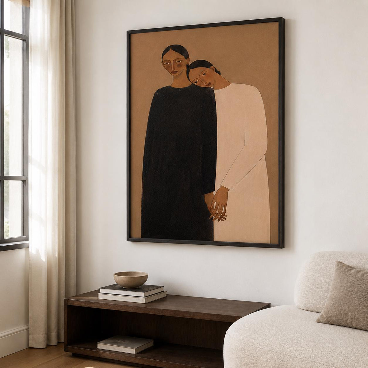 Intimate Women Portrait Wall Art Brown Neutral Figurative Canvas Painting for Modern Bedroom Decor