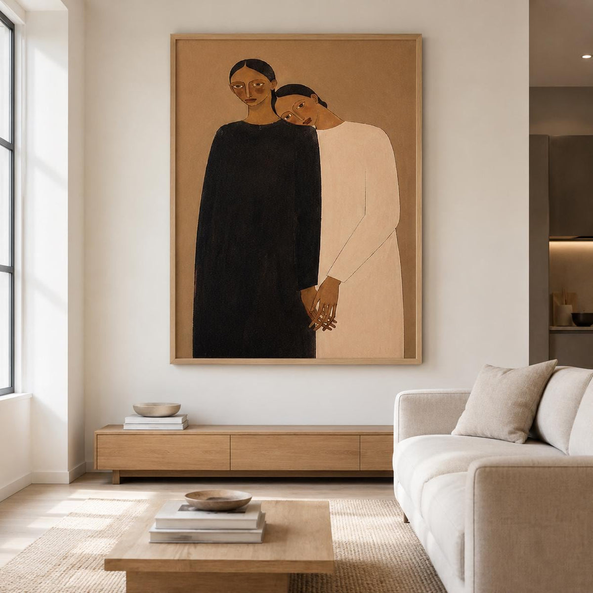 Intimate Women Portrait Wall Art Brown Neutral Figurative Canvas Painting for Modern Bedroom Decor
