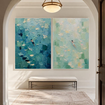May include: A diptych set of two vertical oil paintings featuring thick, textured impasto brushstrokes. The left canvas displays a swimmer in deep blue water, while the right canvas shows a swimmer in light turquoise water with white highlights.