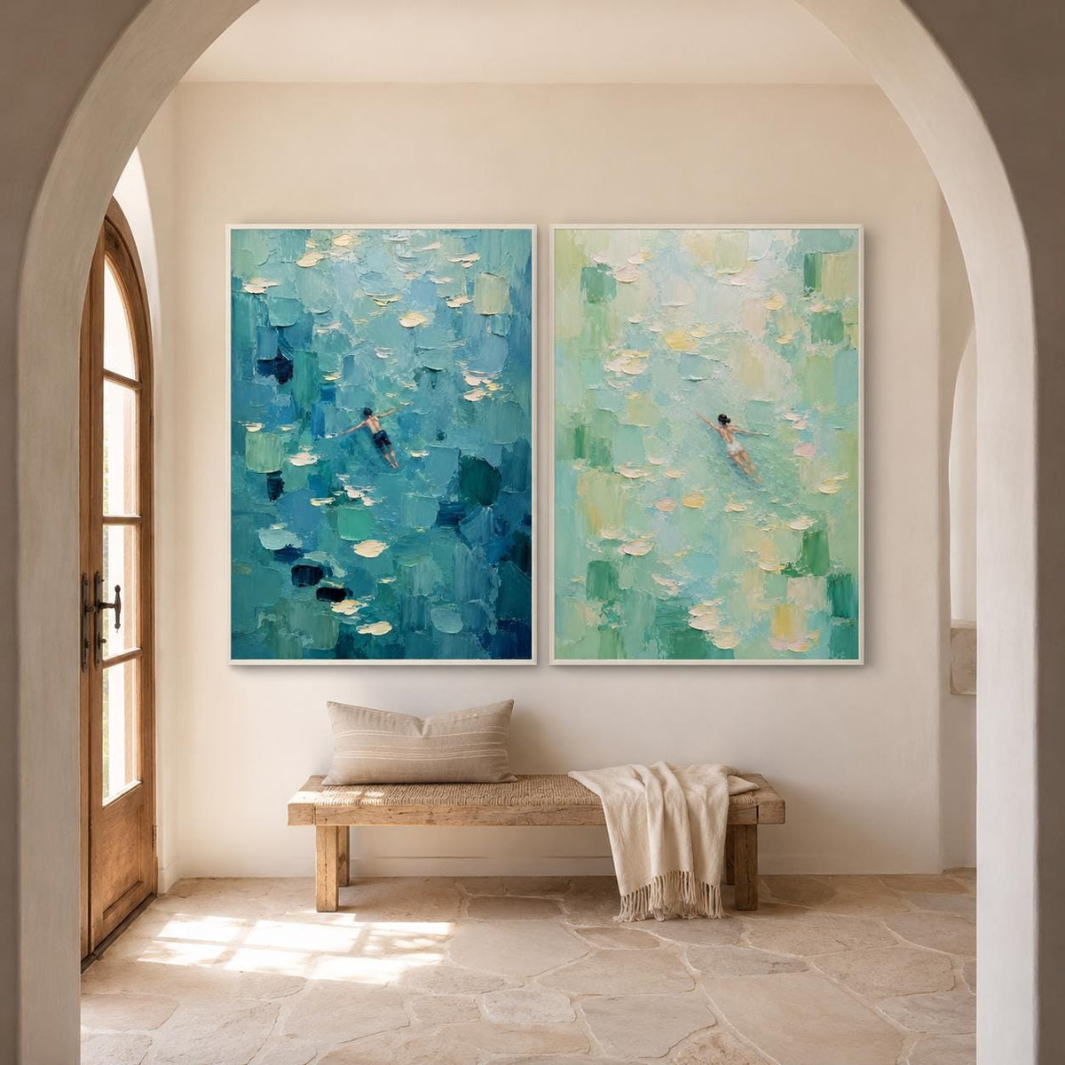 May include: Two rectangular oil paintings displayed side-by-side on a wall. The left painting features a swimmer in deep blue water with thick, textured brushstrokes. The right painting shows a swimmer in light green water with similar strokes.