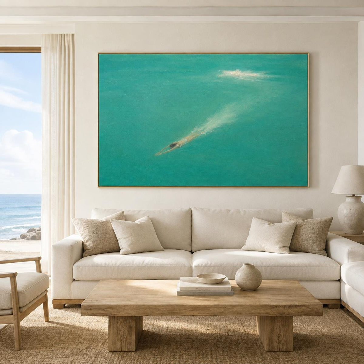 May include: A large rectangular wall art piece featuring a swimmer submerged in vibrant turquoise water. The composition captures the figure gliding through the center, creating a soft white wake against the solid, saturated teal background.