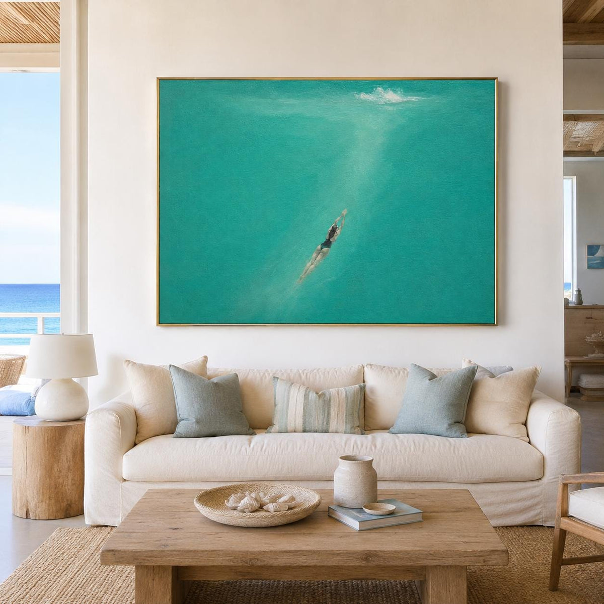 May include: A large rectangular wall art piece featuring a painting of a person swimming in vibrant turquoise water. The swimmer is positioned in the center, surrounded by deep teal hues, with a small white splash visible at the top surface.