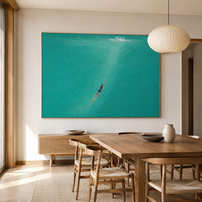May include: A large rectangular wall art piece featuring a swimmer submerged in vibrant turquoise water. The composition shows the figure descending into the deep teal depths, with a small white splash visible at the surface of the water.