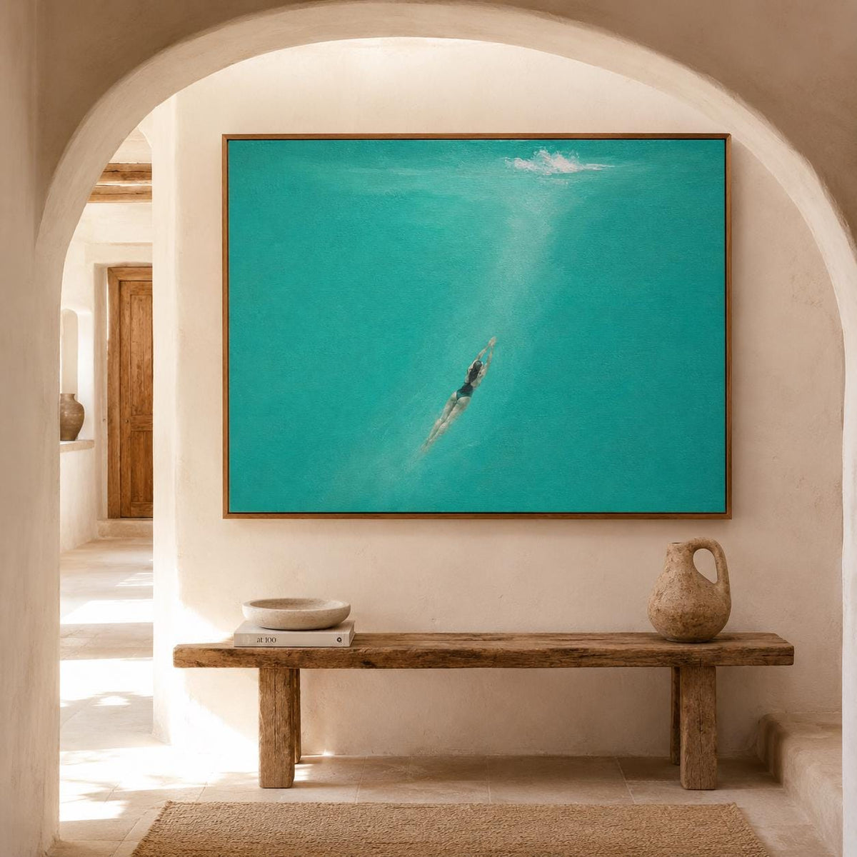 May include: A large rectangular wall art piece featuring a vibrant turquoise ocean scene with a swimmer submerged in the water. The painting depicts a person swimming downward toward the depths, with light filtering through the water surface above.