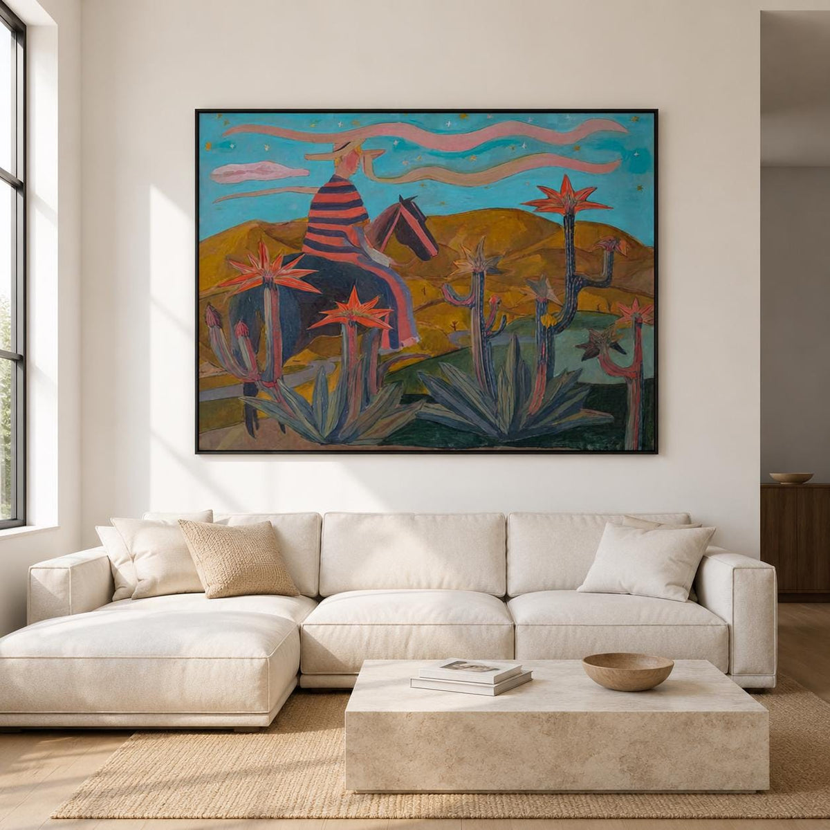 Western Cowboy Wall Art Blue Red Cactus Canvas Painting for Rustic Office Decor