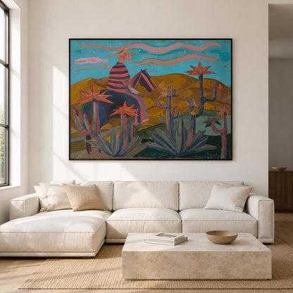Western Cowboy Wall Art Blue Red Cactus Canvas Painting for Rustic Office Decor