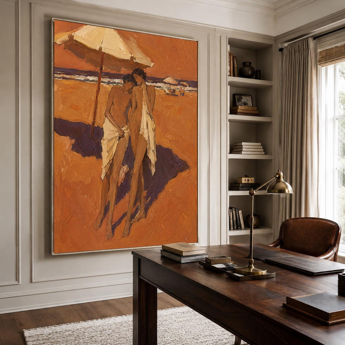 May include: A large rectangular wall art piece featuring an oil painting of two figures standing on a sandy beach under a large umbrella. The scene is rendered in shades of burnt orange, deep brown, and cream, depicting a coastal landscape.
