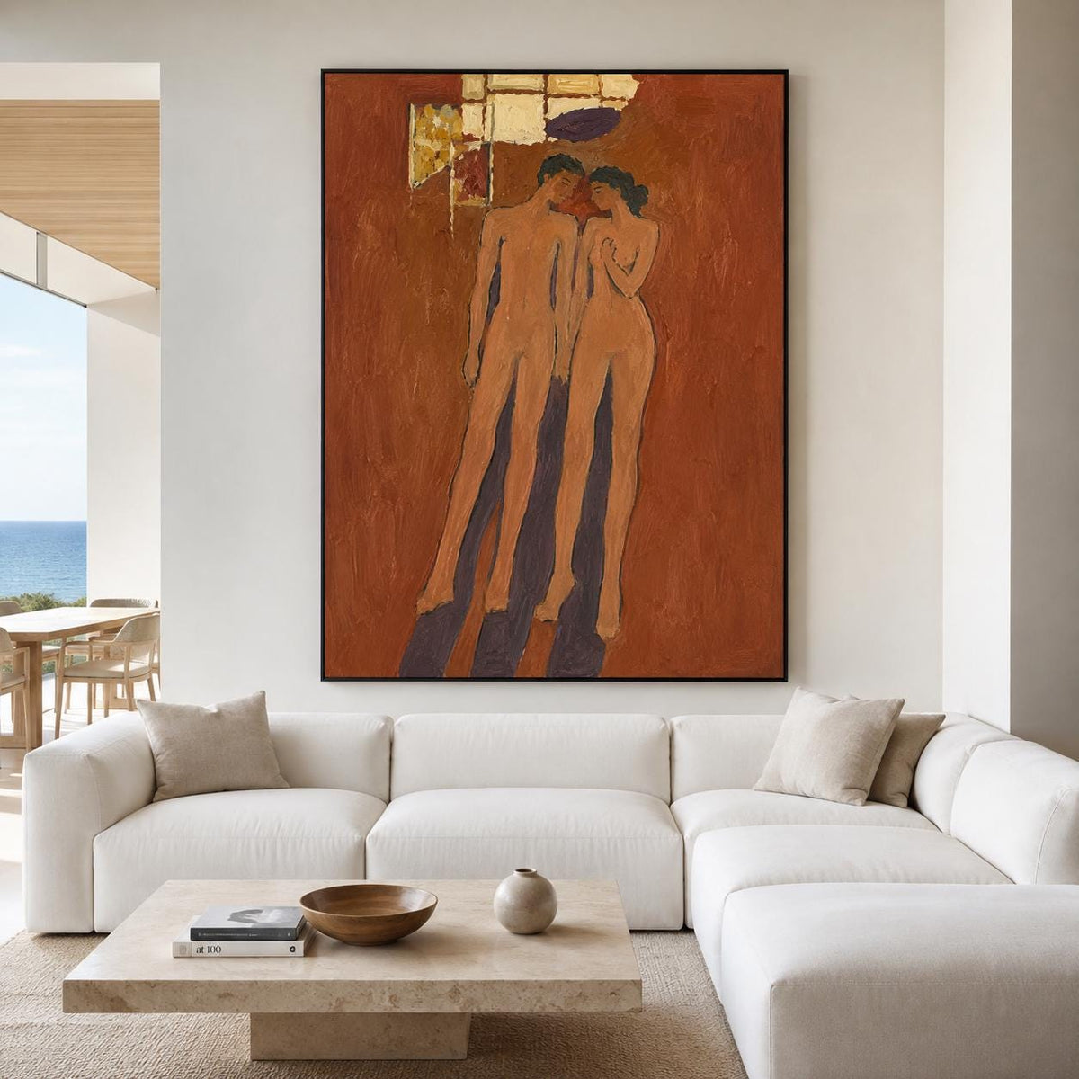 May include: A large rectangular wall art piece featuring a textured terracotta-colored background with two stylized nude figures standing side by side. The artwork includes gold leaf accents at the top and deep purple shadows beneath the figures.