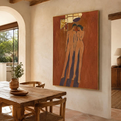 May include: A large rectangular wall painting featuring two stylized figures standing against a textured terracotta-colored background. The artwork includes gold leaf accents at the top and deep purple shadows cast on the ground beneath the figures.