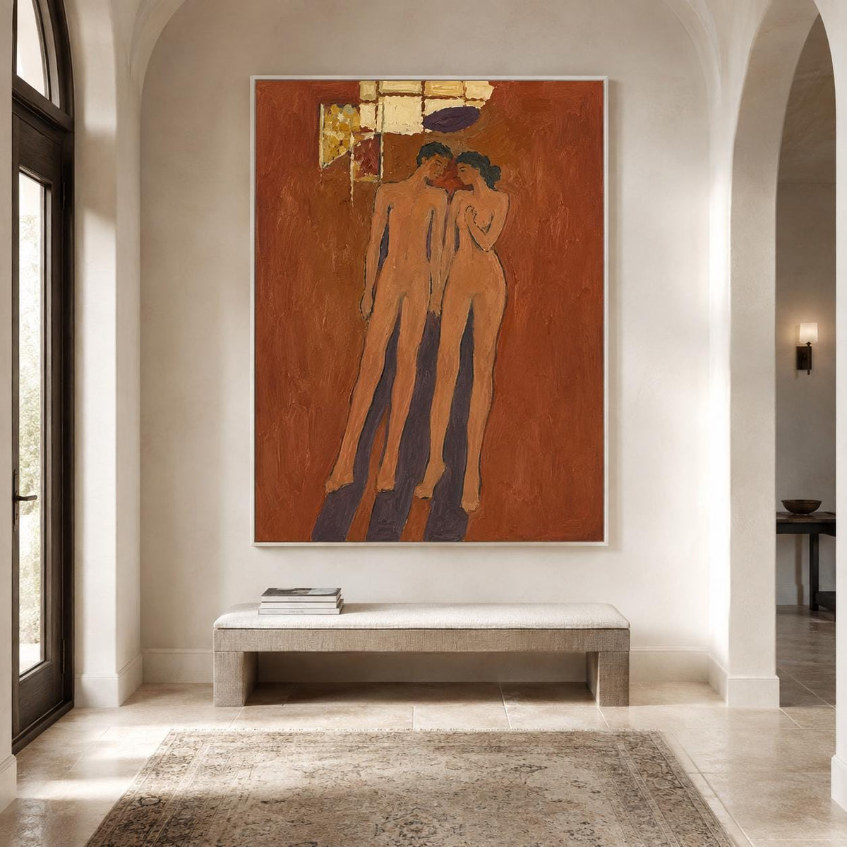 May include: A large rectangular wall painting featuring two stylized nude figures standing against a textured terracotta-colored background. The figures are rendered in light skin tones with dark hair, accompanied by gold leaf accents and a dark purple shape.