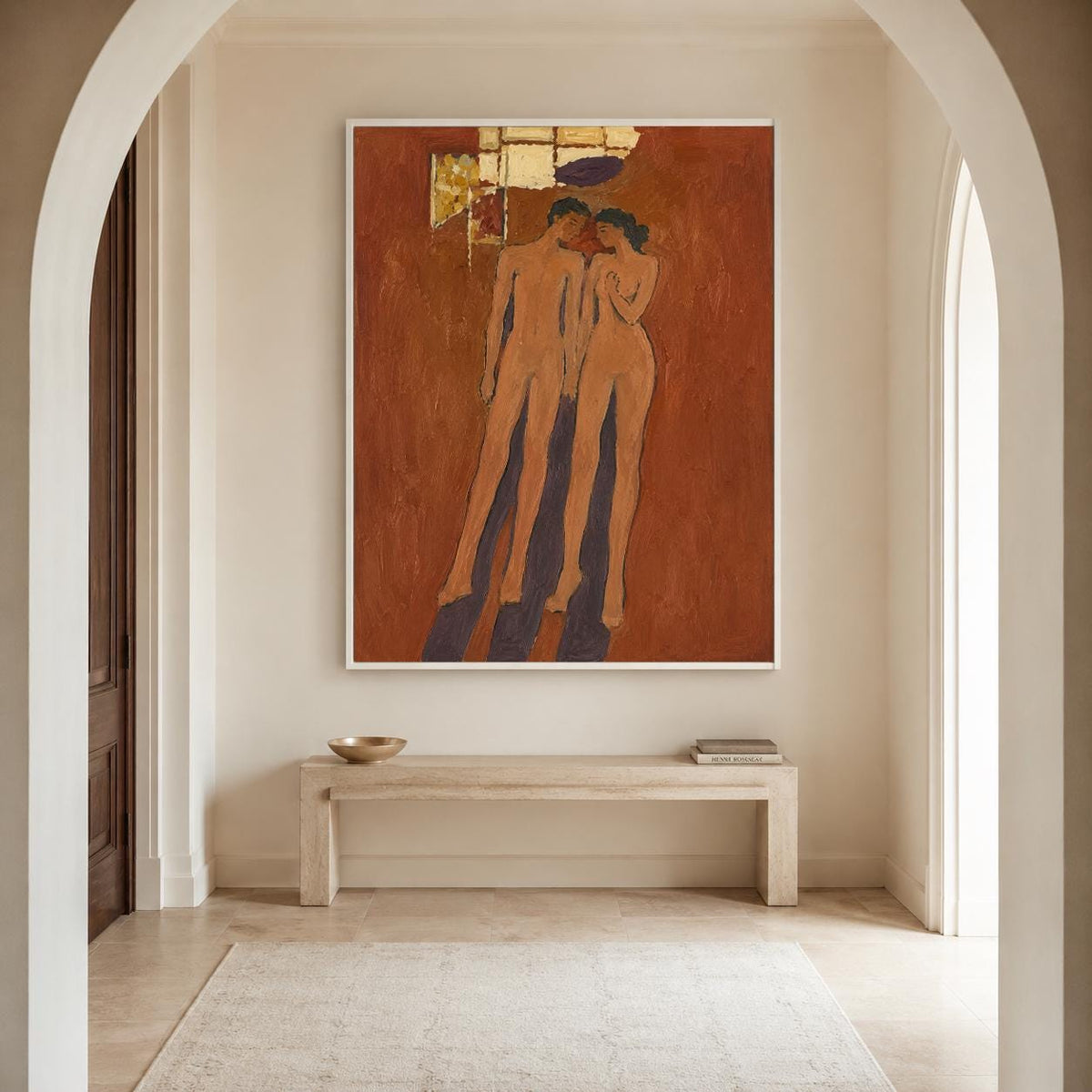 May include: A large rectangular painting featuring two stylized nude figures standing against a solid terracotta-colored background. The figures are rendered in light skin tones with dark purple shadows cast beneath them. Gold leaf accents appear at the top.
