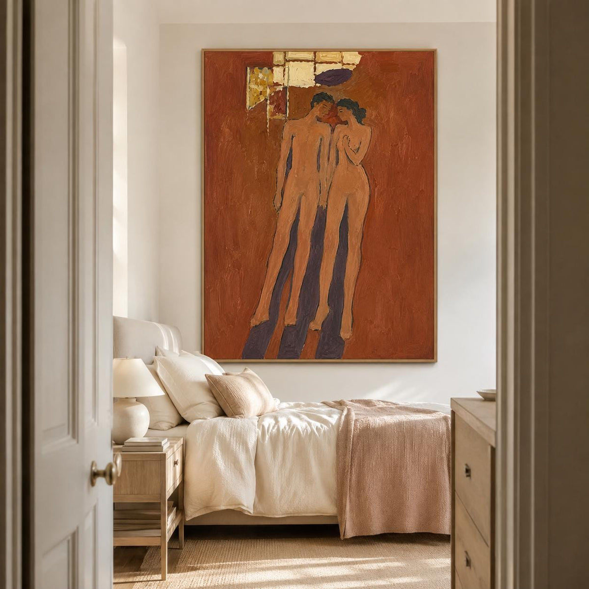 May include: A large rectangular wall painting featuring two stylized nude figures standing against a textured terracotta-colored background, with gold leaf accents at the top and dark purple shadows cast on the floor beneath the figures.