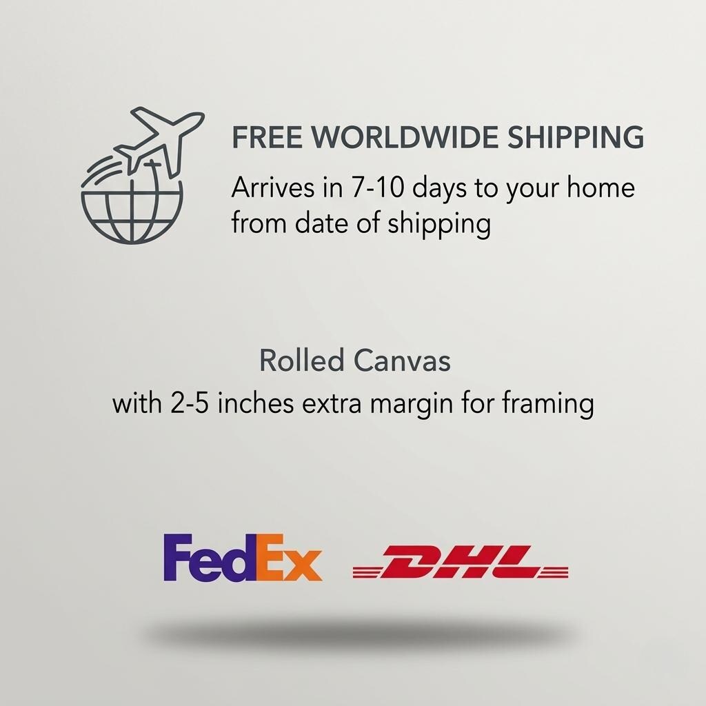 May include: A graphic display featuring a line-art icon of an airplane circling a globe, with the text FREE WORLDWIDE SHIPPING, Arrives in 7-10 days to your home from date of shipping, Rolled Canvas with 2-5 inches extra margin for framing, FedEx, DHL.