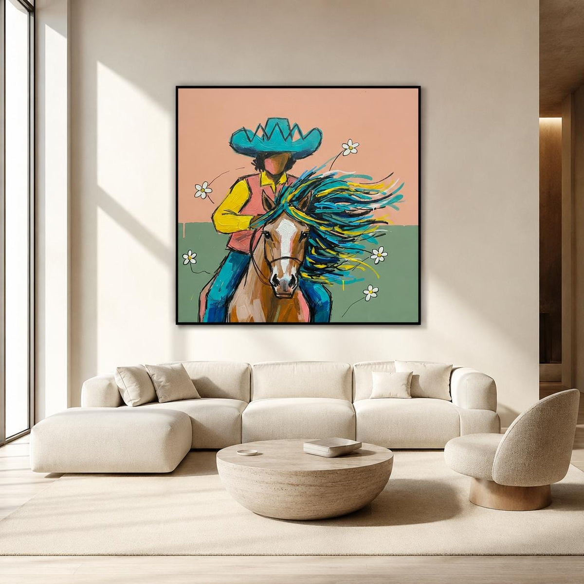 Cowboy Horse Wall Art Colorful Western Canvas Painting for Bedroom Ranch Decor
