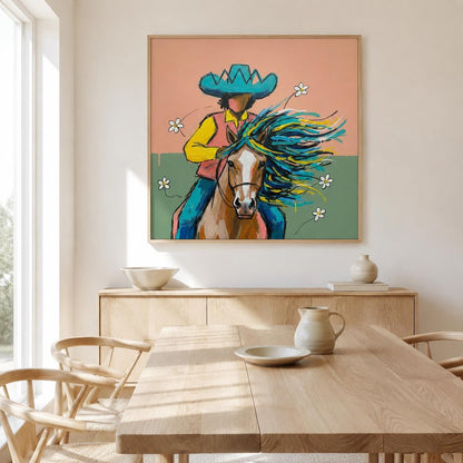 Cowboy Horse Wall Art Colorful Western Canvas Painting for Bedroom Ranch Decor