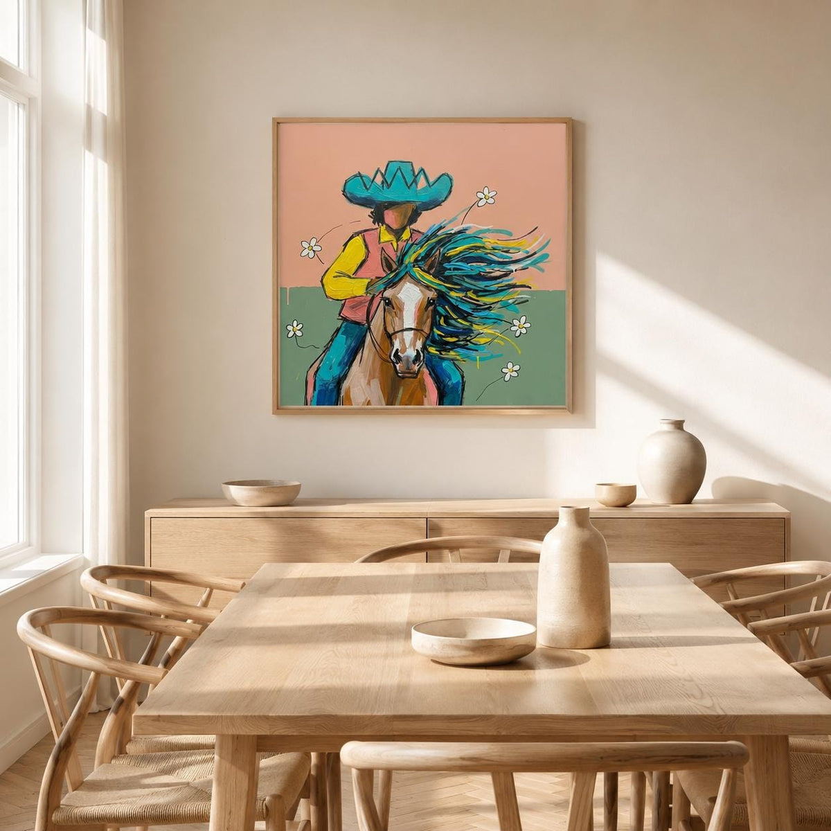 Cowboy Horse Wall Art Colorful Western Canvas Painting for Bedroom Ranch Decor