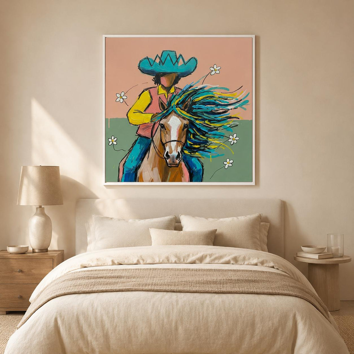 Cowboy Horse Wall Art Colorful Western Canvas Painting for Bedroom Ranch Decor