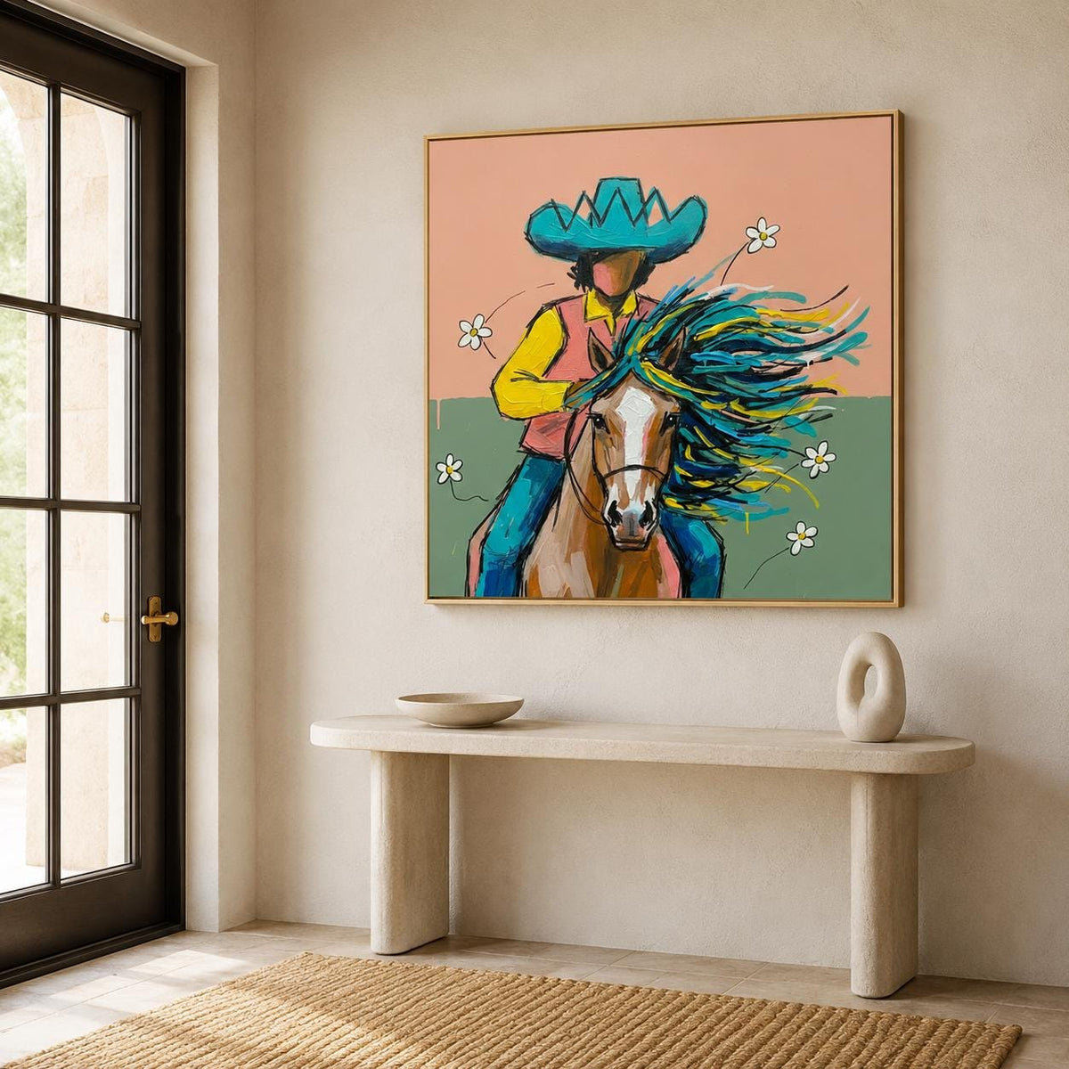Cowboy Horse Wall Art Colorful Western Canvas Painting for Bedroom Ranch Decor