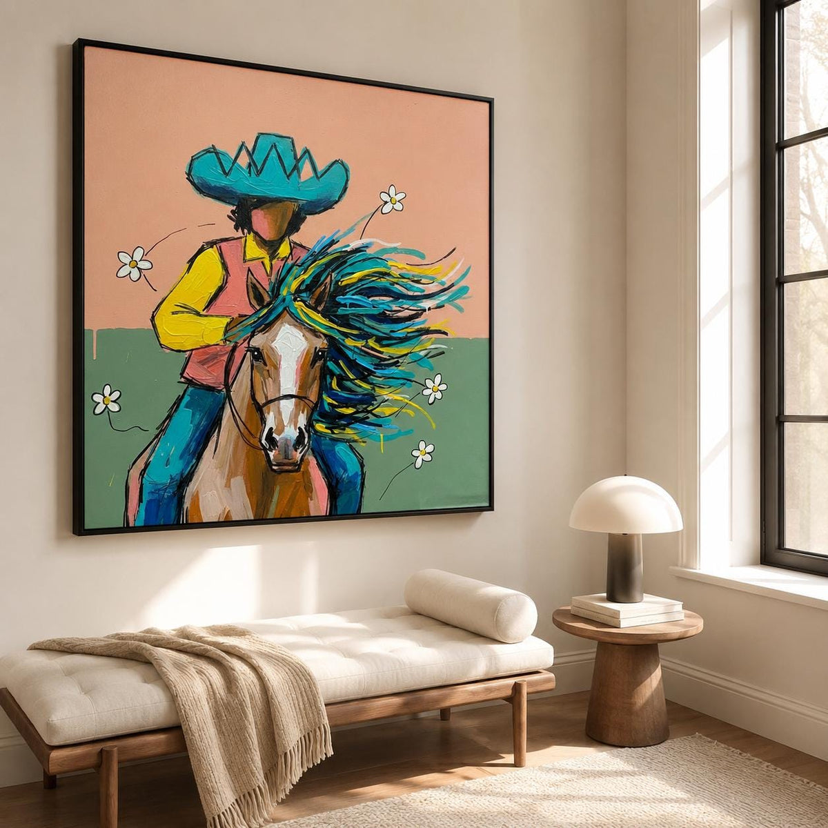 Cowboy Horse Wall Art Colorful Western Canvas Painting for Bedroom Ranch Decor