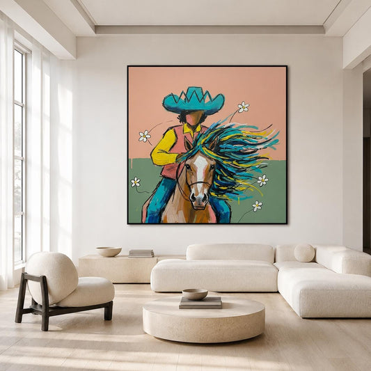 Cowboy Horse Wall Art Colorful Western Canvas Painting for Bedroom Ranch Decor