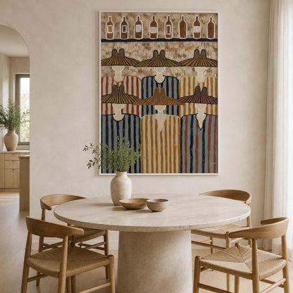 May include: A rectangular wall art print featuring a stylized illustration of six figures wearing wide-brimmed hats and striped shirts. Above the figures, a row of eight bottle icons is depicted against a textured beige and brown background.