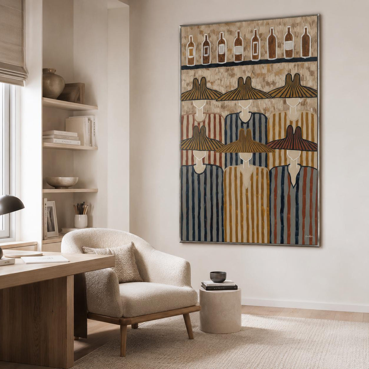 May include: A large rectangular framed wall art piece featuring a stylized illustration of six figures wearing wide-brimmed hats and striped garments. Above the figures, a shelf displays eight bottles in various shades of brown and white.