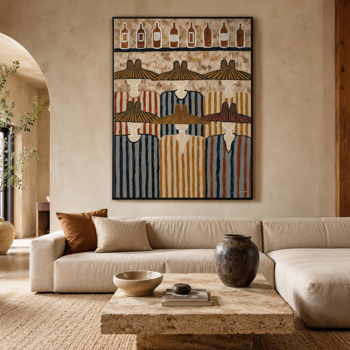 May include: A rectangular framed painting featuring a row of eight bottle silhouettes at the top and six figures wearing wide-brimmed hats and striped shirts arranged in two rows below, rendered in a palette of brown, blue, and cream tones.