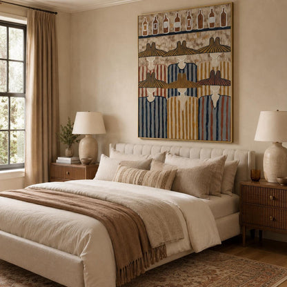 May include: A large rectangular framed painting hanging above a bed, depicting six figures wearing wide-brimmed hats and striped shirts, with a row of eight bottles illustrated on a shelf at the top of the artwork in shades of blue, brown, and gold.